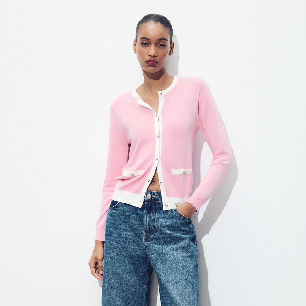 Zara Contrast Trim Knit Jacket Cardigan Pink & White – Size XXL NWT Chic Casual